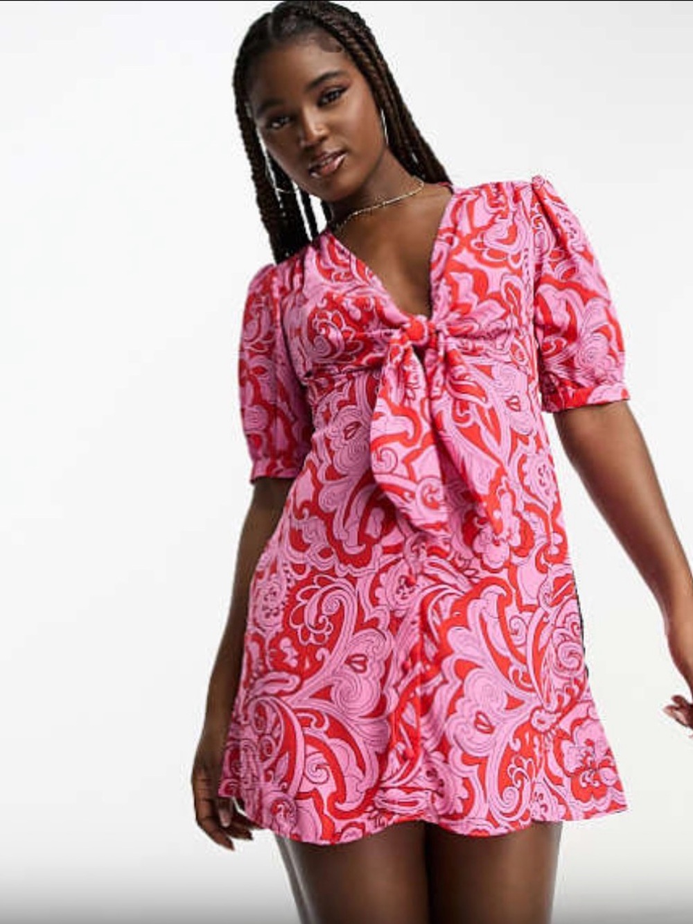 NWOT- ASOS DESIGN Tie Front Button Through Mini Dress Red Scarf Print, Size 12